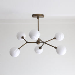Six-Light Brass Branch Chandelier with Ribbed Opal Globes