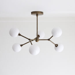 Six-Light Brass Branch Chandelier with Ribbed Opal Globes