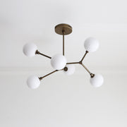 Six-Light Brass Branch Chandelier with Ribbed Opal Globes