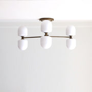 Six-Light Brass Chandelier with Opal Capsule Shades