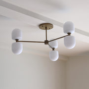 Six-Light Brass Chandelier with Opal Capsule Shades