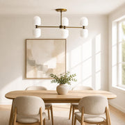 Six-Light Brass Chandelier with Opal Capsule Shades