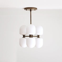 Six-Light Brass Cluster Chandelier with Opal Glass Shades