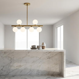 Six-Light Brass Linear Chandelier with Ribbed Opal Globes