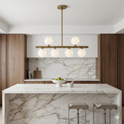 Six-Light Brass Linear Chandelier with Ribbed Opal Globes
