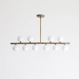 Ten-Light Brass Linear Chandelier with Ribbed Opal Globes