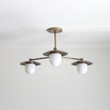 Three-Light Brass Chandelier with Disc Shades and Opal Capsule Shades