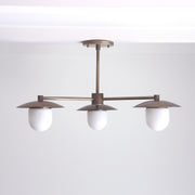 Three-Light Brass Chandelier with Disc Shades and Opal Capsule Shades