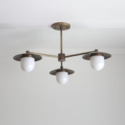 Three-Light Brass Chandelier with Disc Shades and Opal Capsule Shades