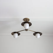 Three-Light Brass Chandelier with Disc Shades and Opal Capsule Shades
