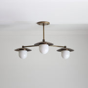 Three-Light Brass Chandelier with Disc Shades and Opal Capsule Shades