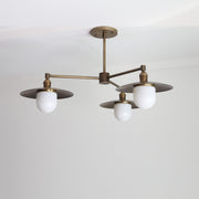 Three-Light Brass Chandelier with Disc Shades and Opal Globes