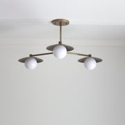 Three-Light Brass Chandelier with Disc Shades and Round Opal Globes