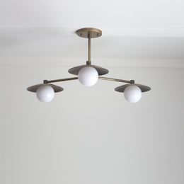Three-Light Brass Chandelier with Disc Shades and Round Opal Globes