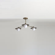 Three-Light Brass Chandelier with Disc Shades and Round Opal Globes