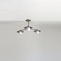 Three-Light Brass Chandelier with Disc Shades and Round Opal Globes