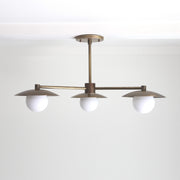 Three-Light Brass Chandelier with Disc Shades and Round Opal Globes