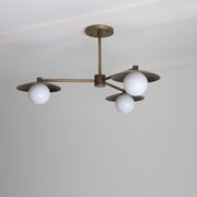 Three-Light Brass Chandelier with Disc Shades and Round Opal Globes