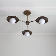 Three-Light Brass Chandelier with Disc Shades and Round Opal Globes