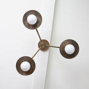 Three-Light Brass Chandelier with Disc Shades and Round Opal Globes
