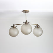 Three-Light Brass Chandelier with Ribbed Frosted Glass Globes