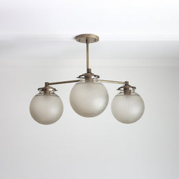 Three-Light Brass Chandelier with Ribbed Frosted Glass Globes