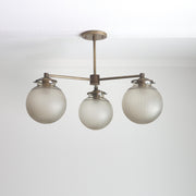 Three-Light Brass Chandelier with Ribbed Frosted Glass Globes