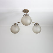 Three-Light Brass Chandelier with Ribbed Frosted Glass Globes