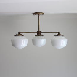 Three-Light Brass Chandelier with Schoolhouse Glass Shades