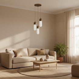 Three-Light Brass Cluster Pendant with Tall Alabaster Shades