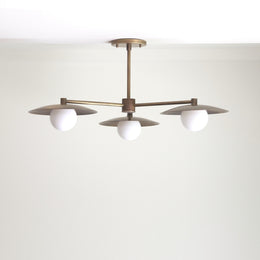 Three-Light Brass Disc Chandelier with Opal Globes