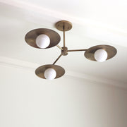 Three-Light Brass Disc Chandelier with Opal Globes