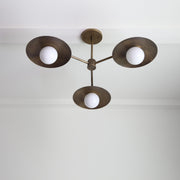 Three-Light Brass Disc Chandelier with Opal Globes
