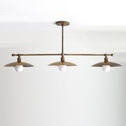 Three-Light Linear Brass Chandelier with 12-Inch Disc Shades