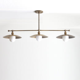 Three-Light Linear Brass Chandelier with Disc Shades and Opal Globes