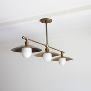Three-Light Linear Brass Chandelier with Disc Shades and Opal Globes