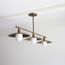 Three-Light Linear Brass Chandelier with Disc Shades and Opal Globes