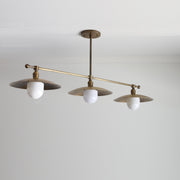 Three-Light Linear Brass Chandelier with Disc Shades and Opal Globes