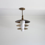 Three-Light Linear Brass Chandelier with Disc Shades and Opal Globes