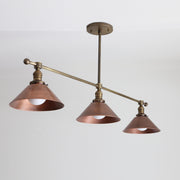 Three-Light Linear Chandelier with Weathered Copper Cone Shades