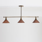 Three-Light Linear Chandelier with Weathered Copper Cone Shades