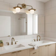 Two-Light Brass Dish Vanity Sconce with Milk Glass Shades