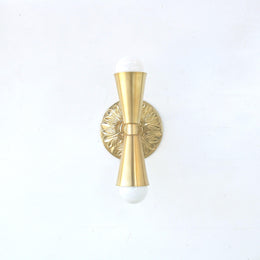 Two-Light Brass Wall Sconce with Cast Embossed Back Plate