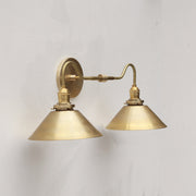 Two-Light Brass Wall Sconce with Curved Arms and Cone Shades