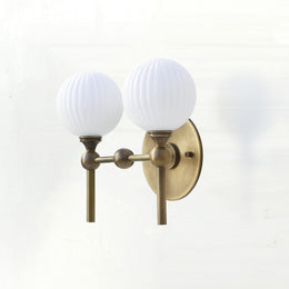 Two-Light Brass Wall Sconce with Ribbed Opal Globes