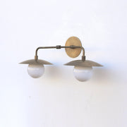 Two-Light Brass Wall Sconce with Saucer Shades and Opal Globes