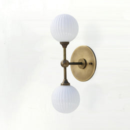 Two-Light Brass Wall Sconce with Stacked Ribbed Opal Globes