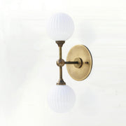 Two-Light Brass Wall Sconce with Stacked Ribbed Opal Globes