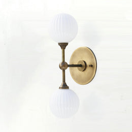 Two-Light Brass Wall Sconce with Stacked Ribbed Opal Globes