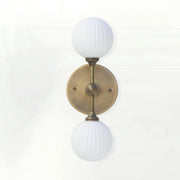 Two-Light Brass Wall Sconce with Stacked Ribbed Opal Globes